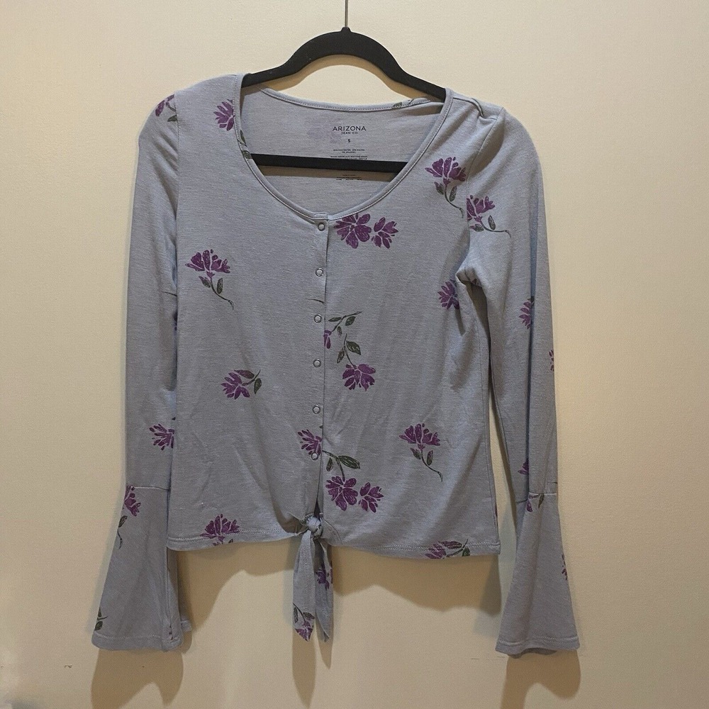 Arizona Jean Co Women's Long Bell Sleeve Snap Front Tie Up Top Sz Small Soft